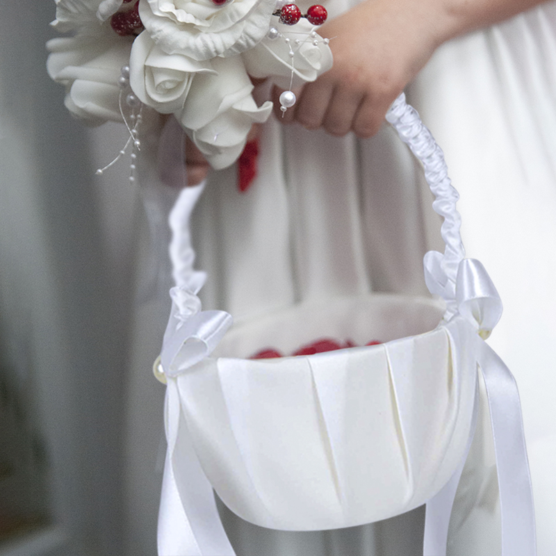 Flower Girl Basket - 20cm biały kosz na kwiaty jedwabny
